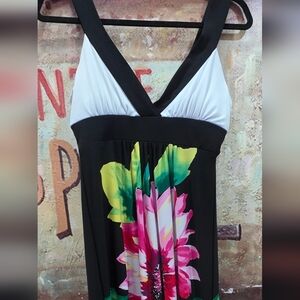 Tropical Pink and Red Floral Mini Dress with White Bodice